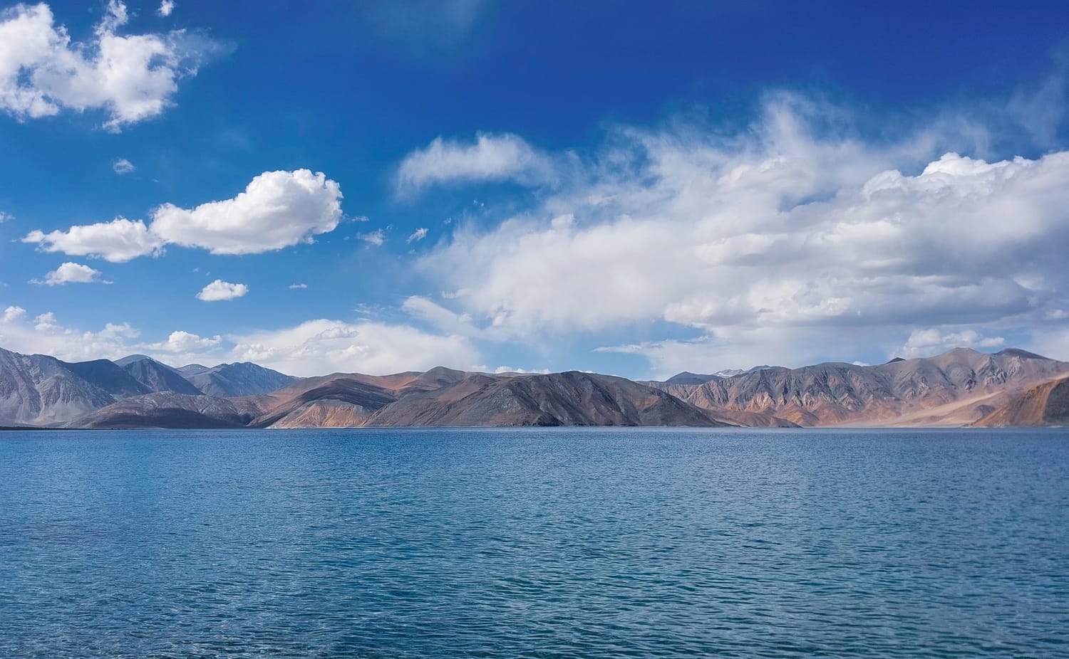 Pangong Tso in Ladakh, its water deep blue against bare brown mountains