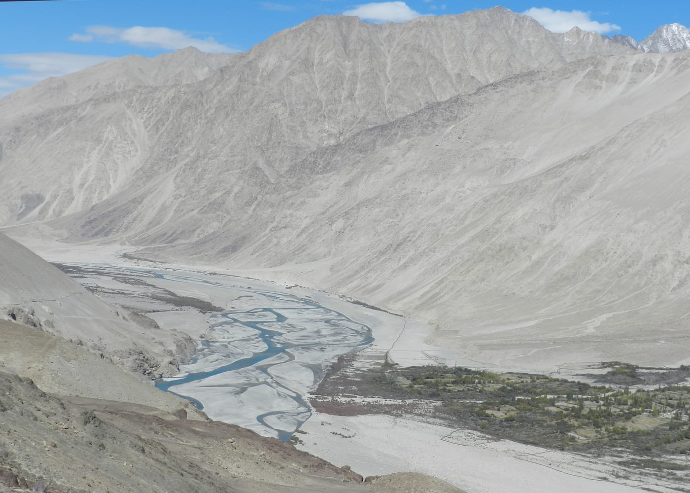The Shyok river running past the Hunder dunes in the Nubra valley