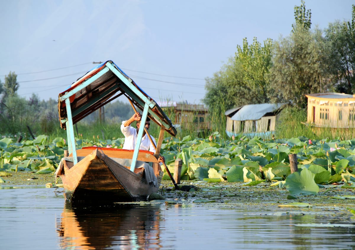 A shikara carrying visitors across Dal Lake in Srinagar at sunset